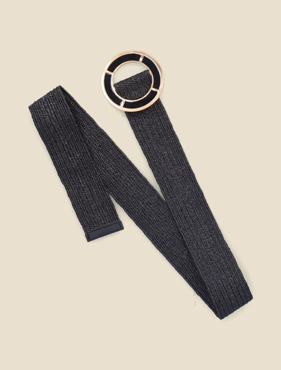 Ceinture en raphia à boucle ronde effet laqué - Noir