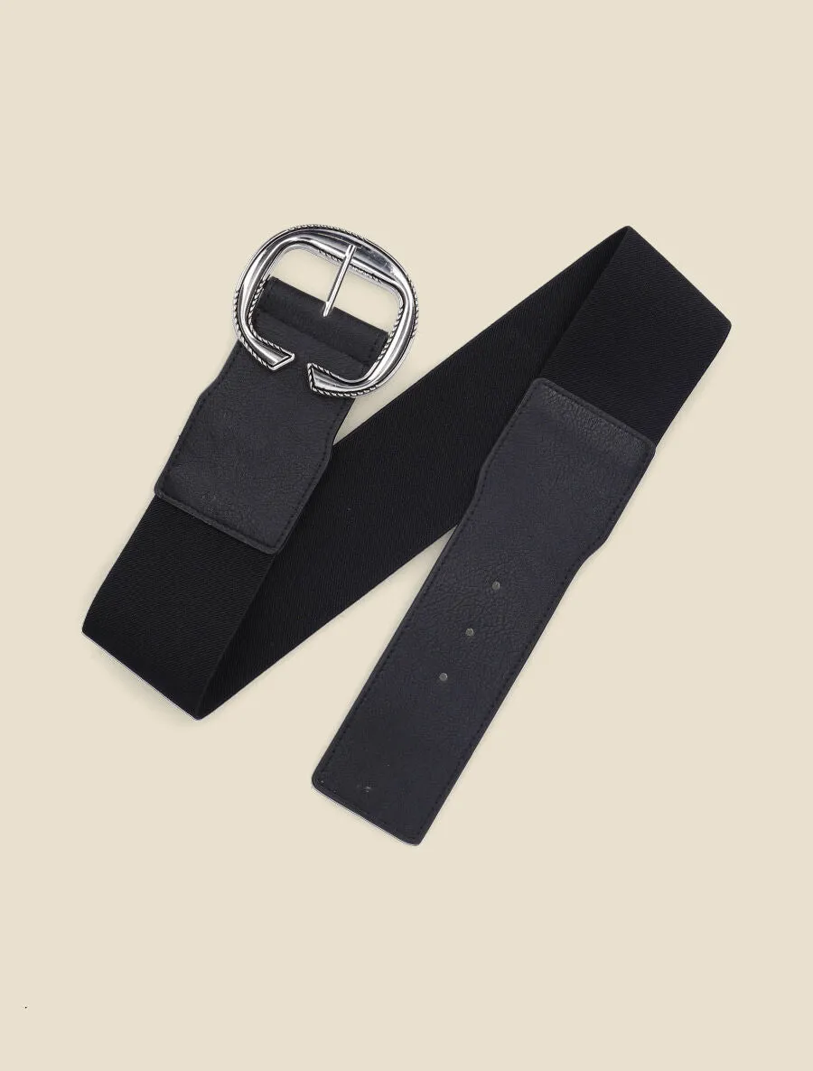 Ceinture élastiquée à boucle arrondie stylisée - Noir/argent