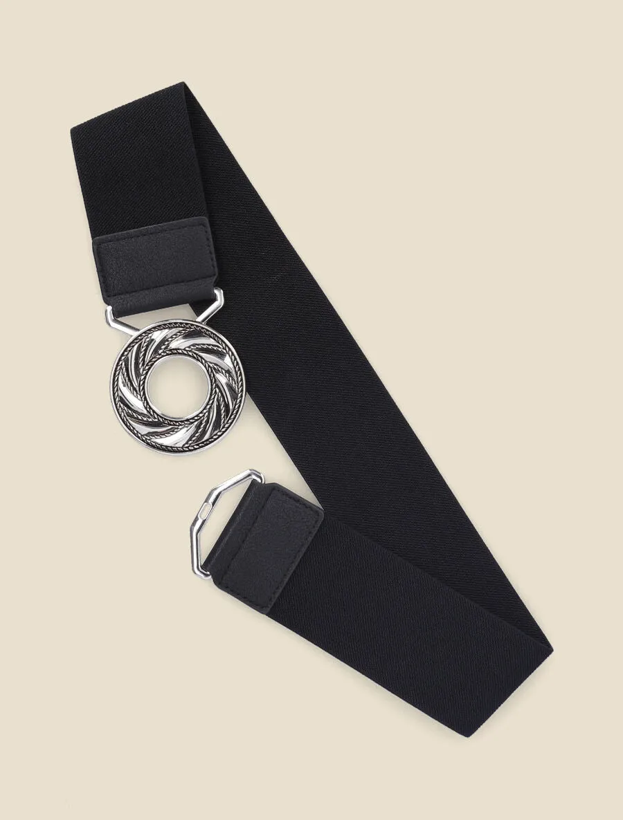 Ceinture élastiquée à boucle ronde graphique - Noir/argent
