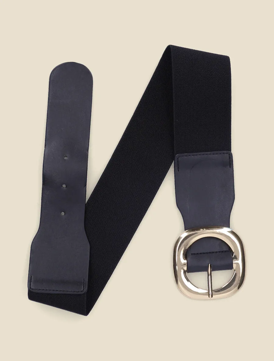 Ceinture élastiquée à boucle métallique à bords arrondis - Noir