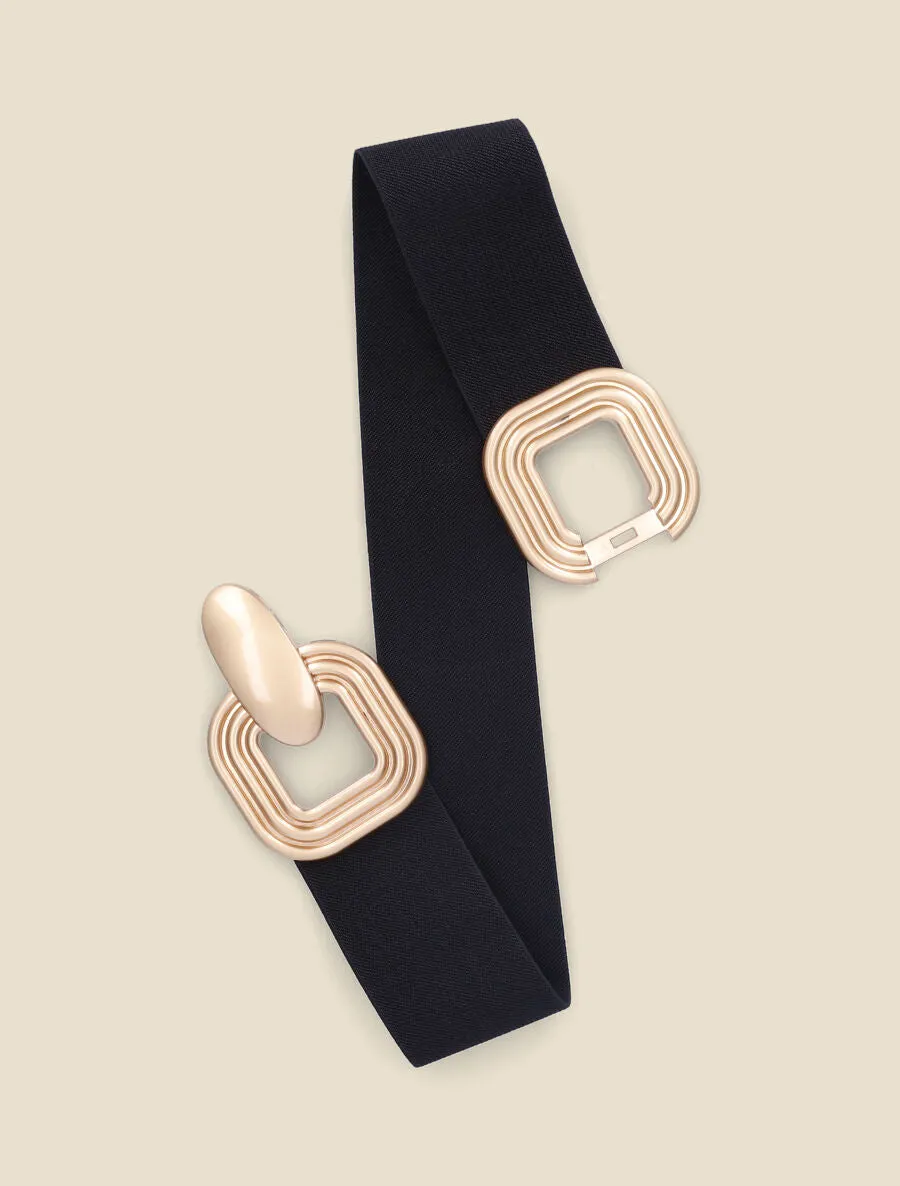 Ceinture élastiquée à boucle carrées en métal brossé - Noir