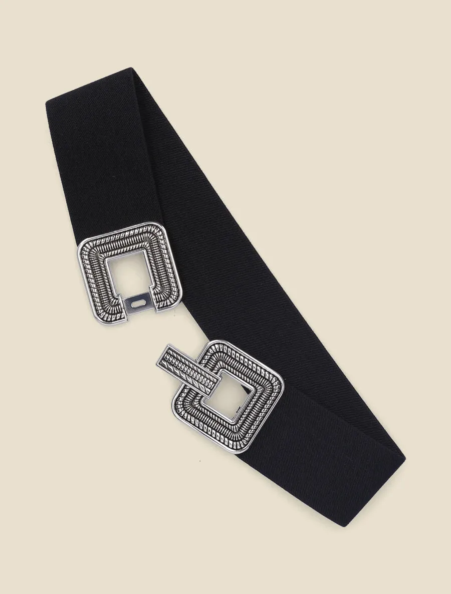 Ceinture élastiquée à boucles carrées à détails stylisés - Noir/argent