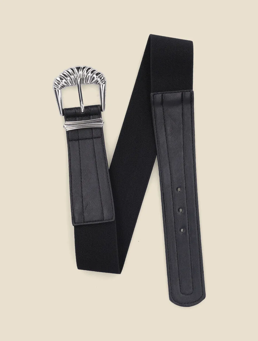 Ceinture bi-matière à boucle style coquillage - Noir