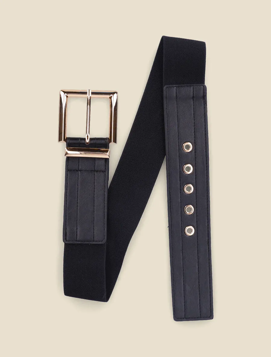 Ceinture bi-matière à boucle carrée métallique - Noir/or