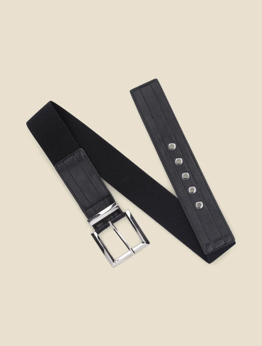 Ceinture bi-matière à boucle carrée métallique - Noir/argent