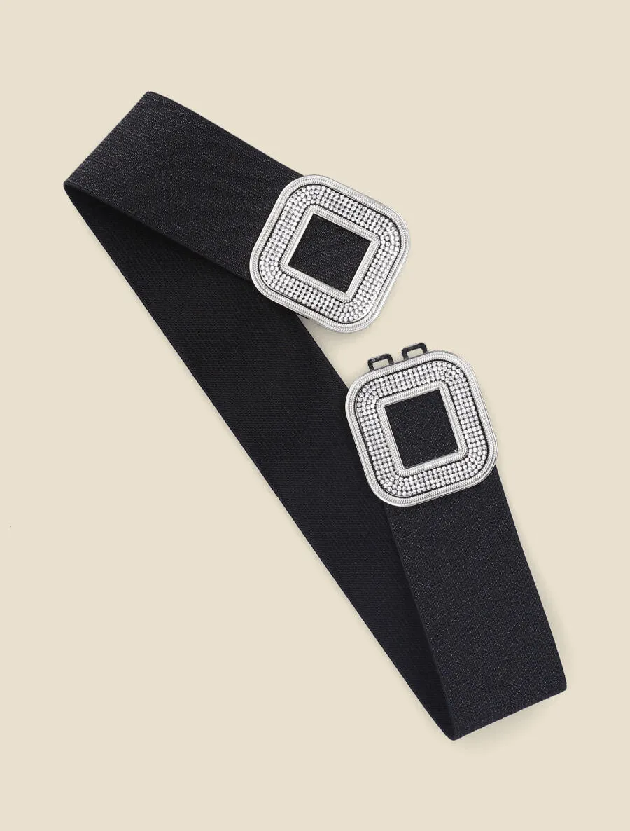 Ceinture à boucle carrée ornée de strass - Noir/argent