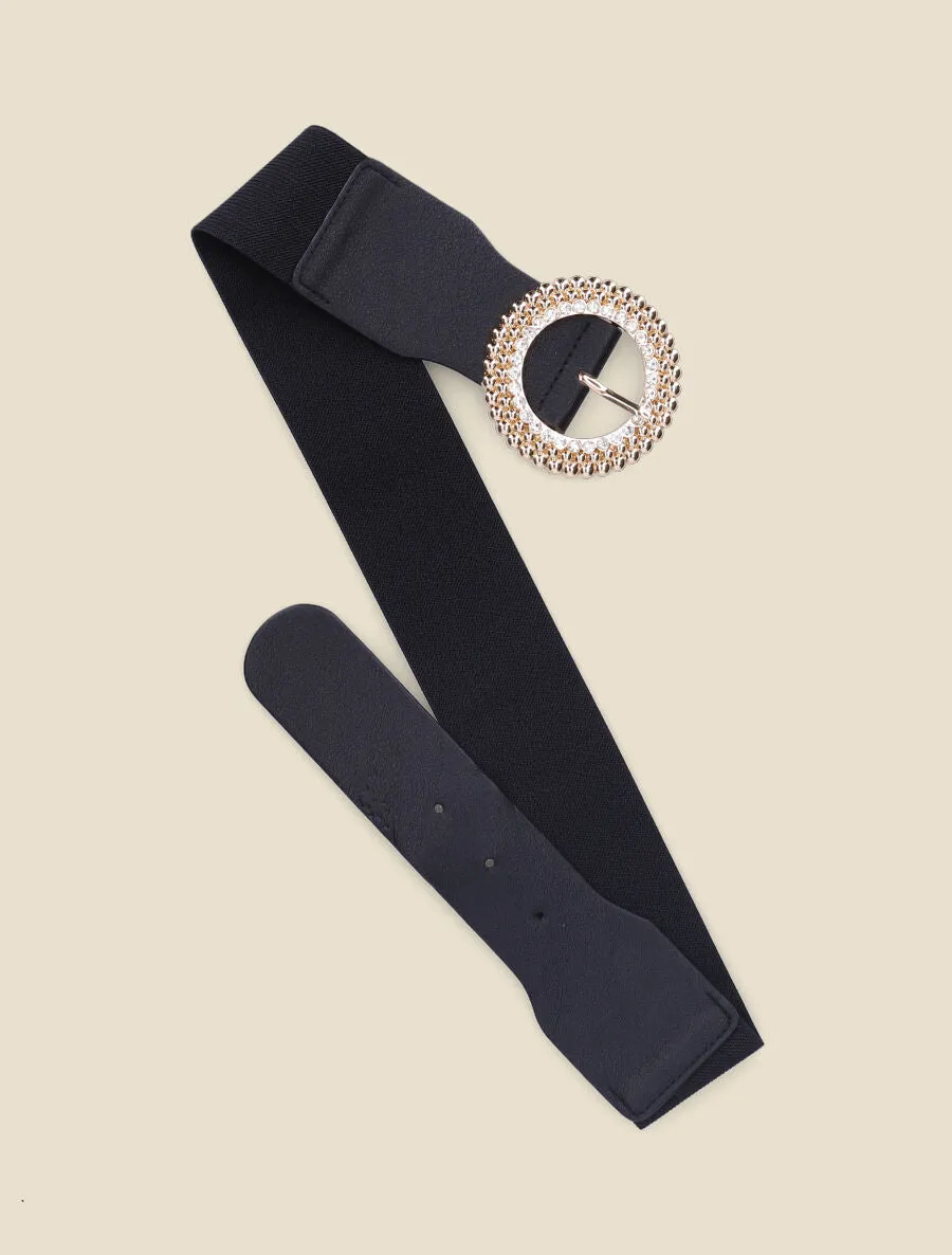 Ceinture à boucle ronde stylisée ornée de strass - Noir/or