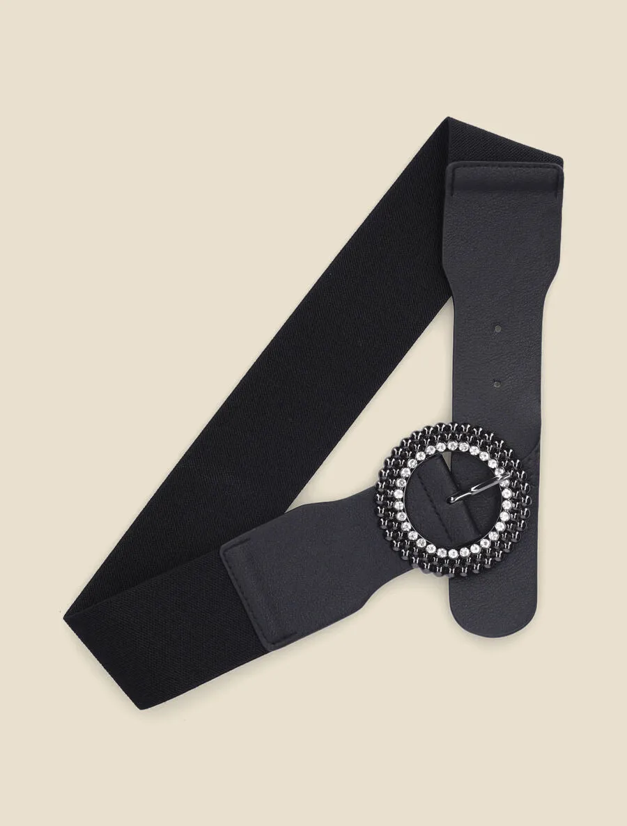 Ceinture à boucle ronde stylisée ornée de strass - Noir