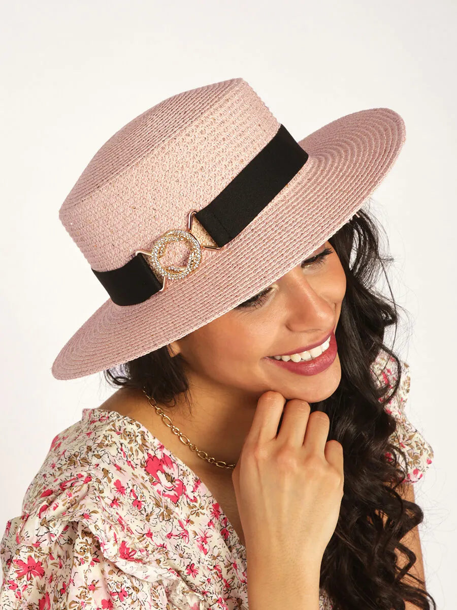 Canotier à sequins et galon bijou - Rose pâle