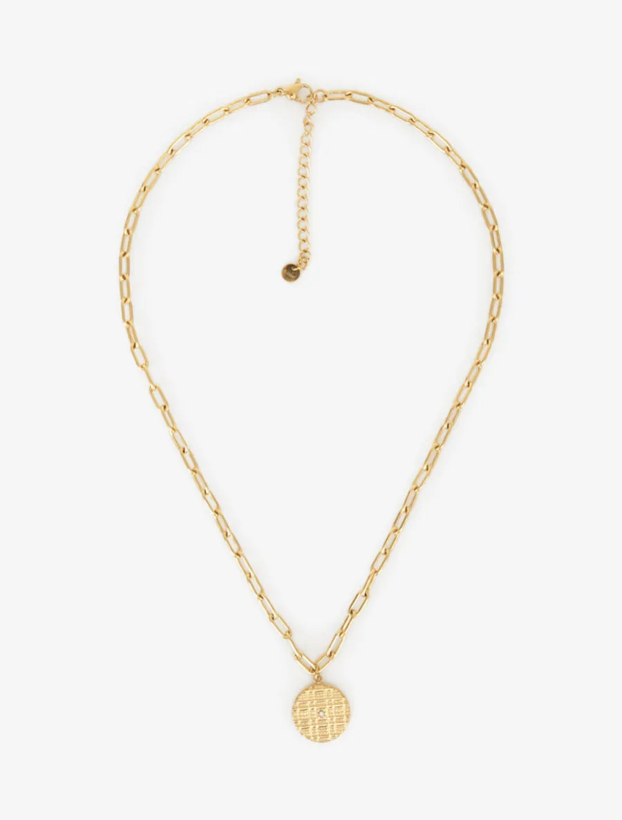 Collier en maille ras de cou à pendentif rond orné d'un strass - Or