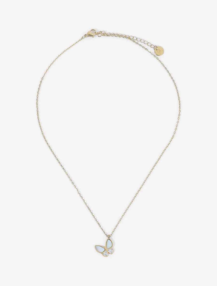 Collier à pendentif papillon orné de pierres nacrées et de zircons - Or