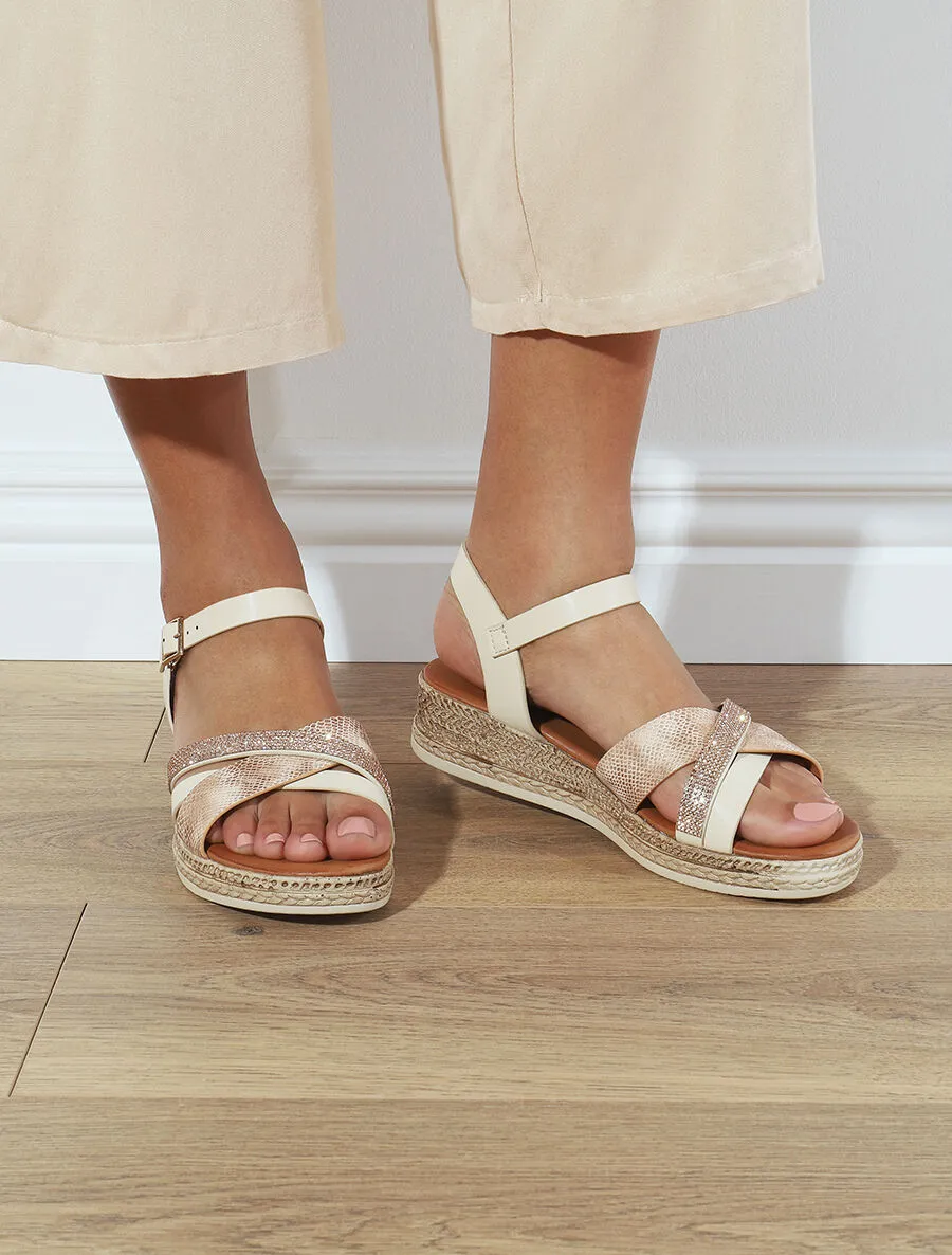 Sandales compensées à bride à strass - Beige