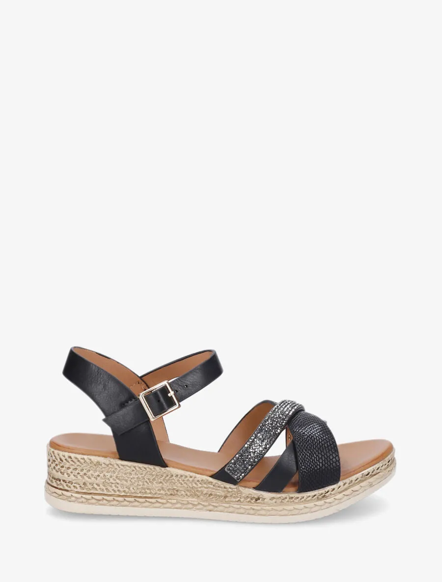 Sandales compensées à bride à strass - Noir