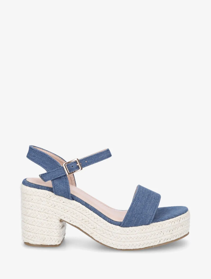 Sandales à talon en raphia - Bleu denim