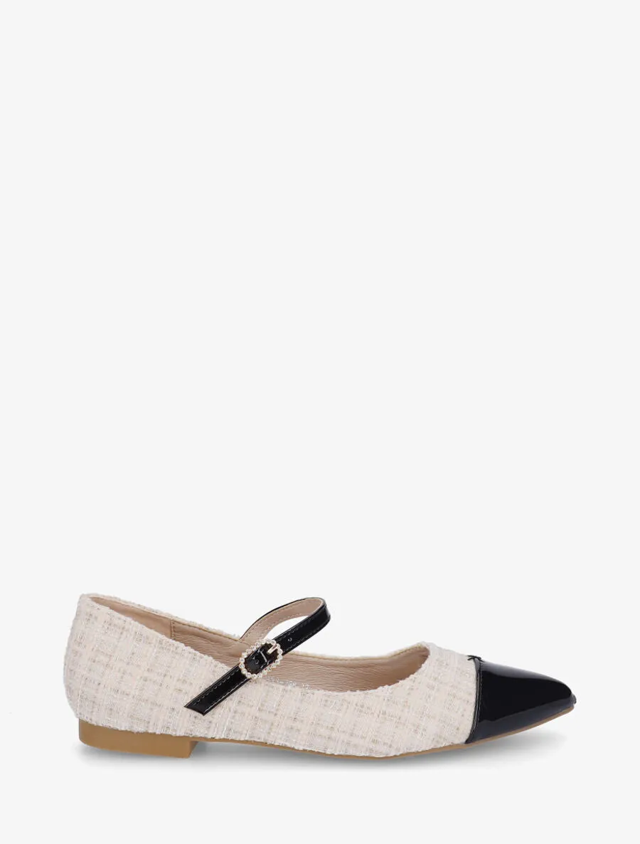 Ballerines en tissu à boucle strassée - Crème