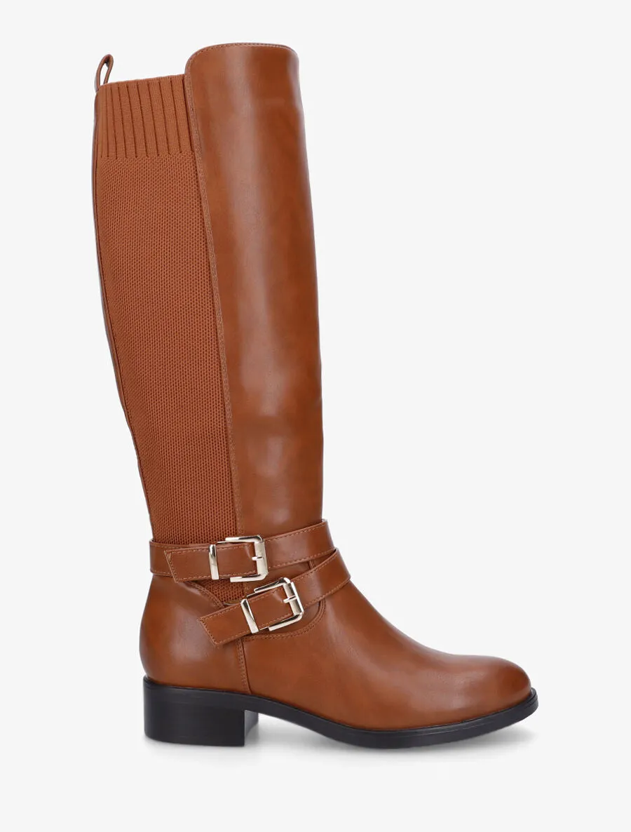 Bottes à talon en simili et tissu - Camel