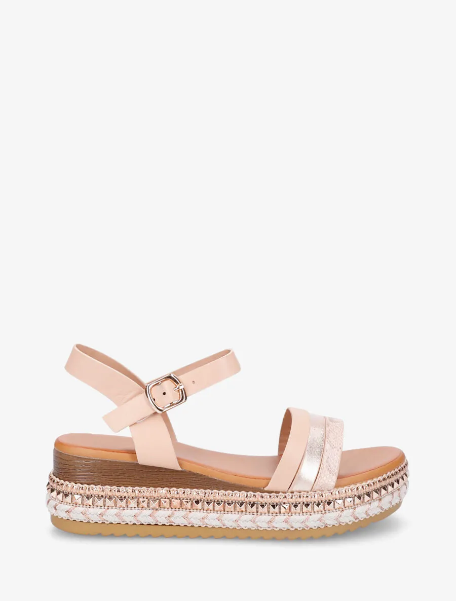 Sandales compensées à semelle effet bois et métal - Nude