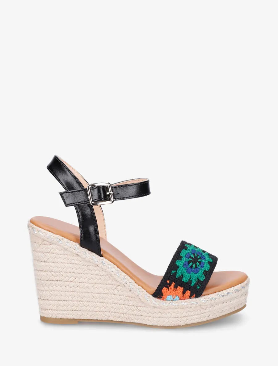 Sandales compensées à bride imprimé floral - Noir