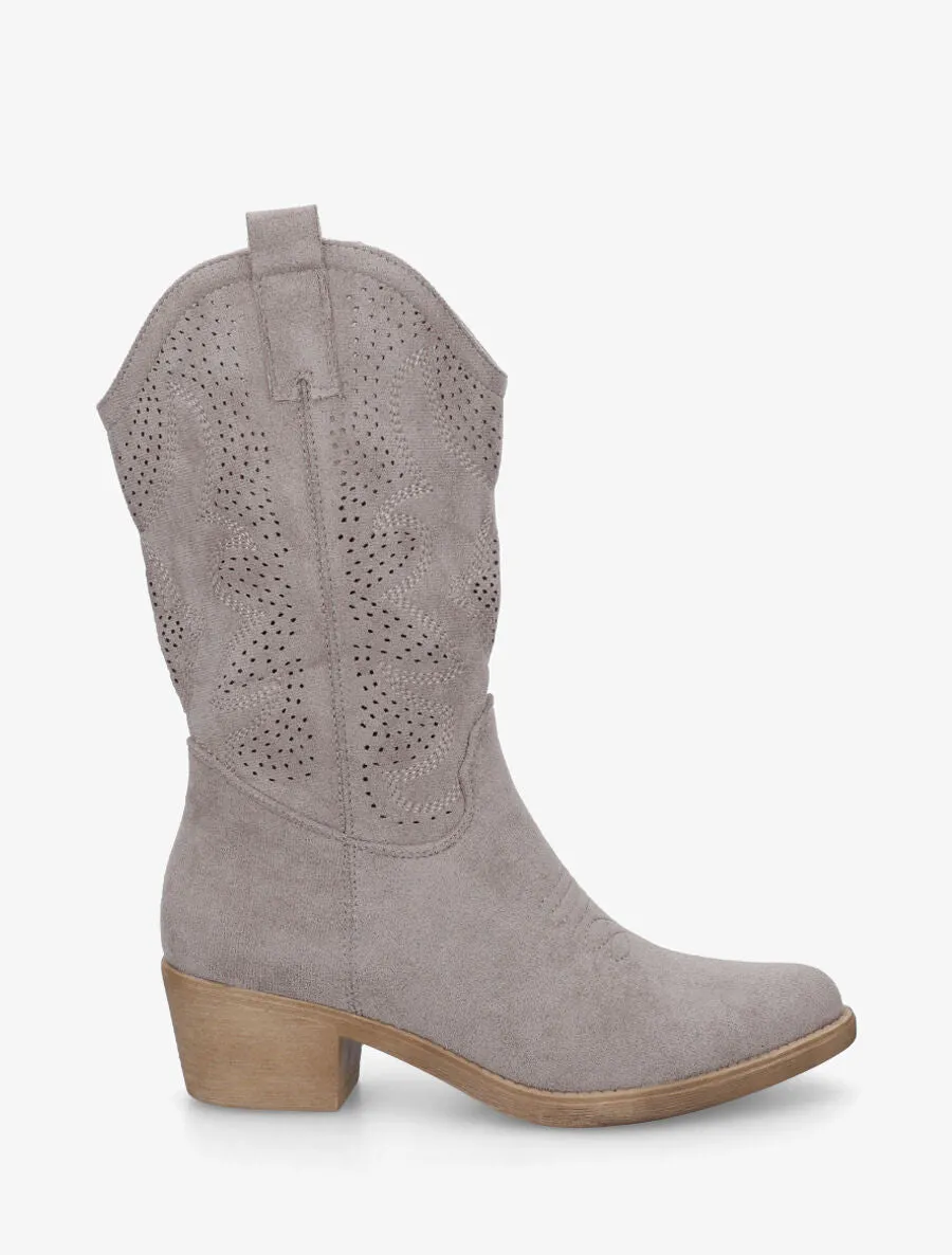 Bottines en suédine ajourées style santiags - Gris
