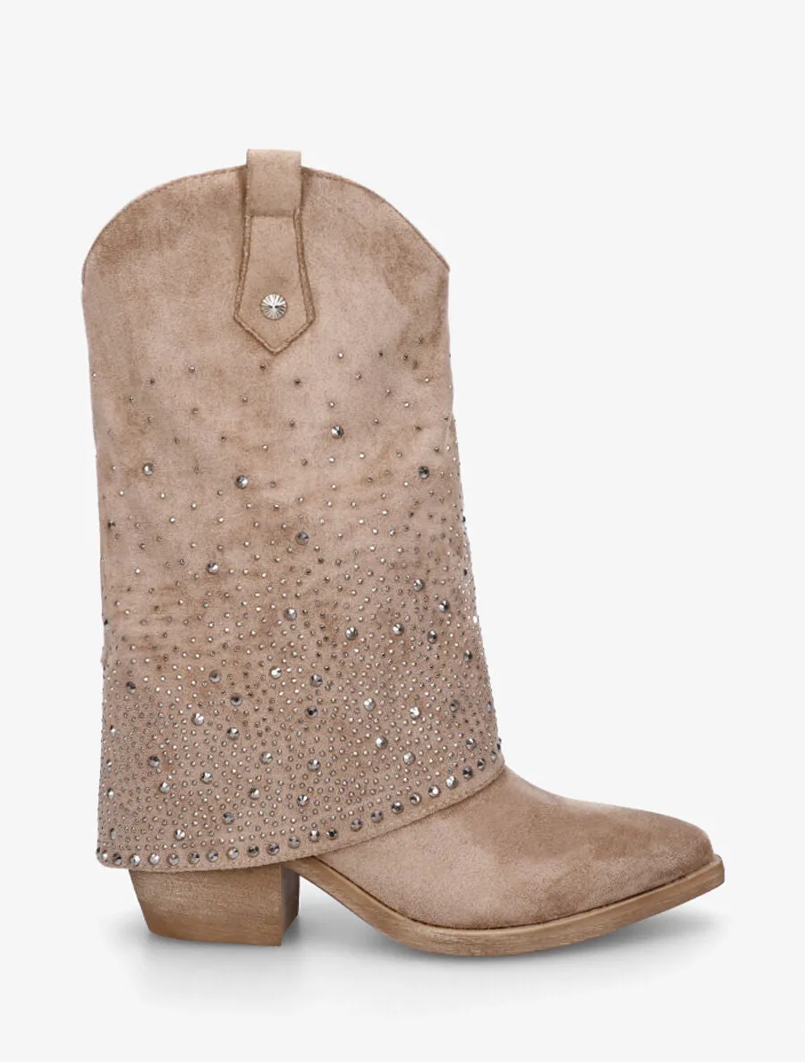 Bottines style santiags à revers strassé - Taupe