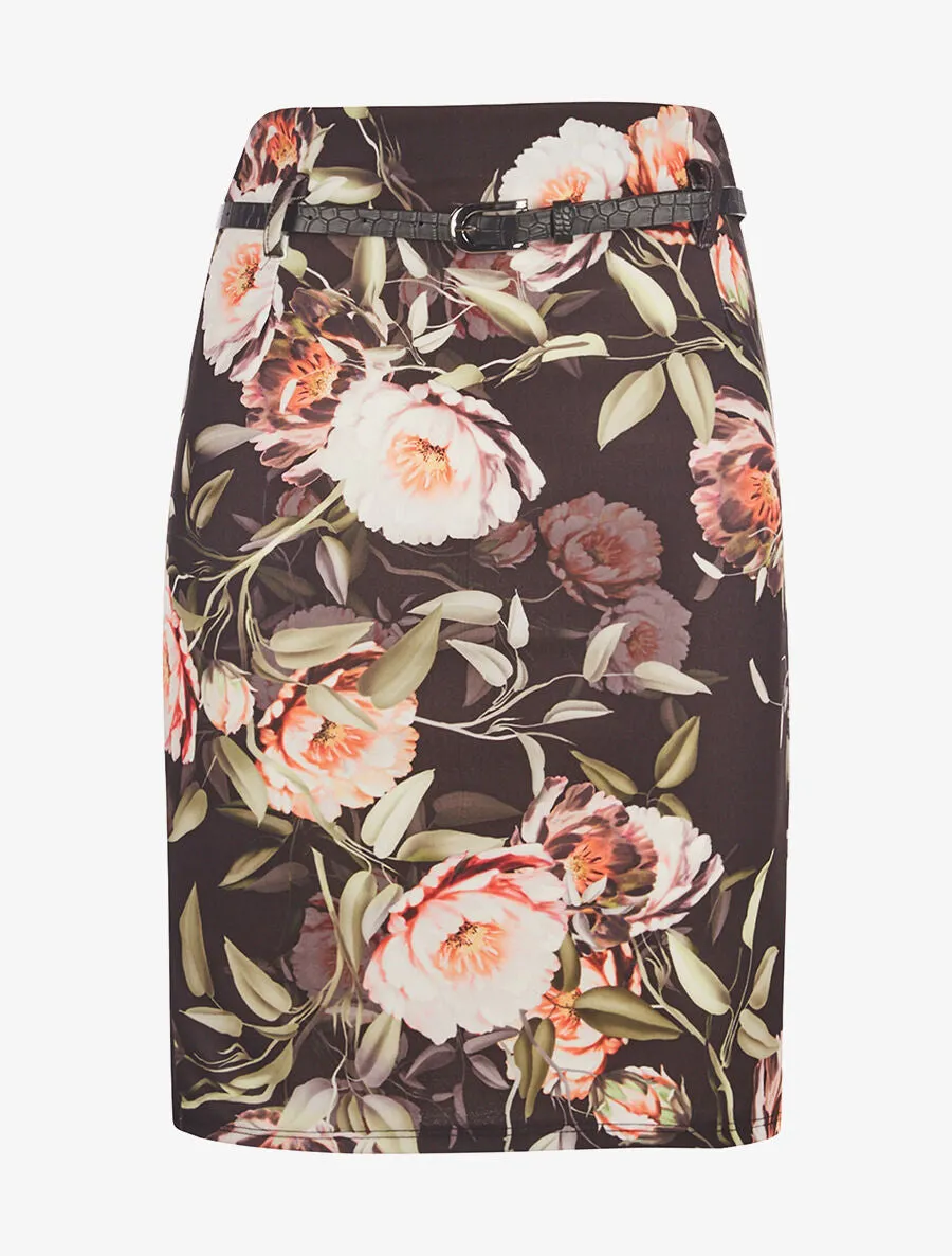 Jupe droite imprimée fleurs - noir
