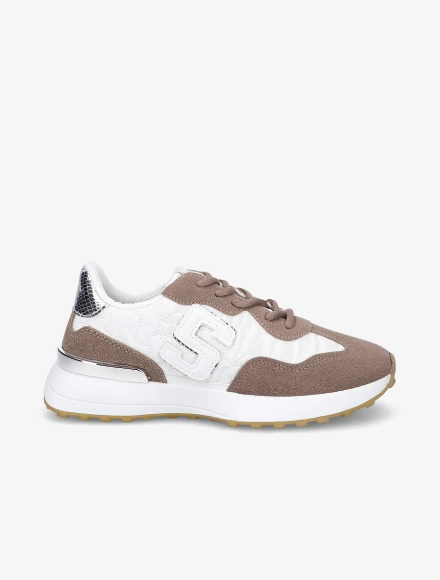 Running en suédine et tissu matelassé - Blanc/taupe