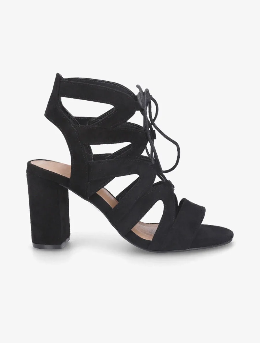 Sandales ajourées à talon en suédine et lacets - Noir