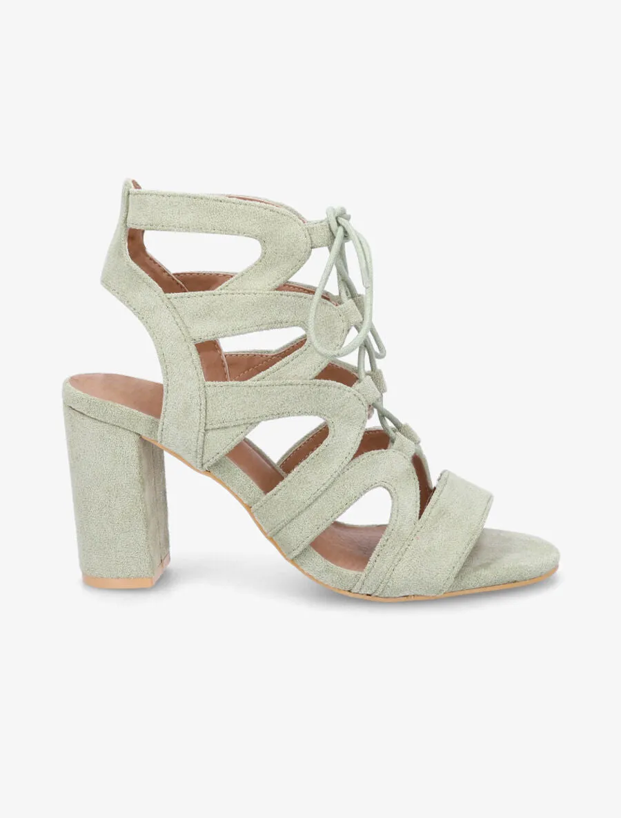 Sandales ajourées à talon en suédine et lacets - Vert clair