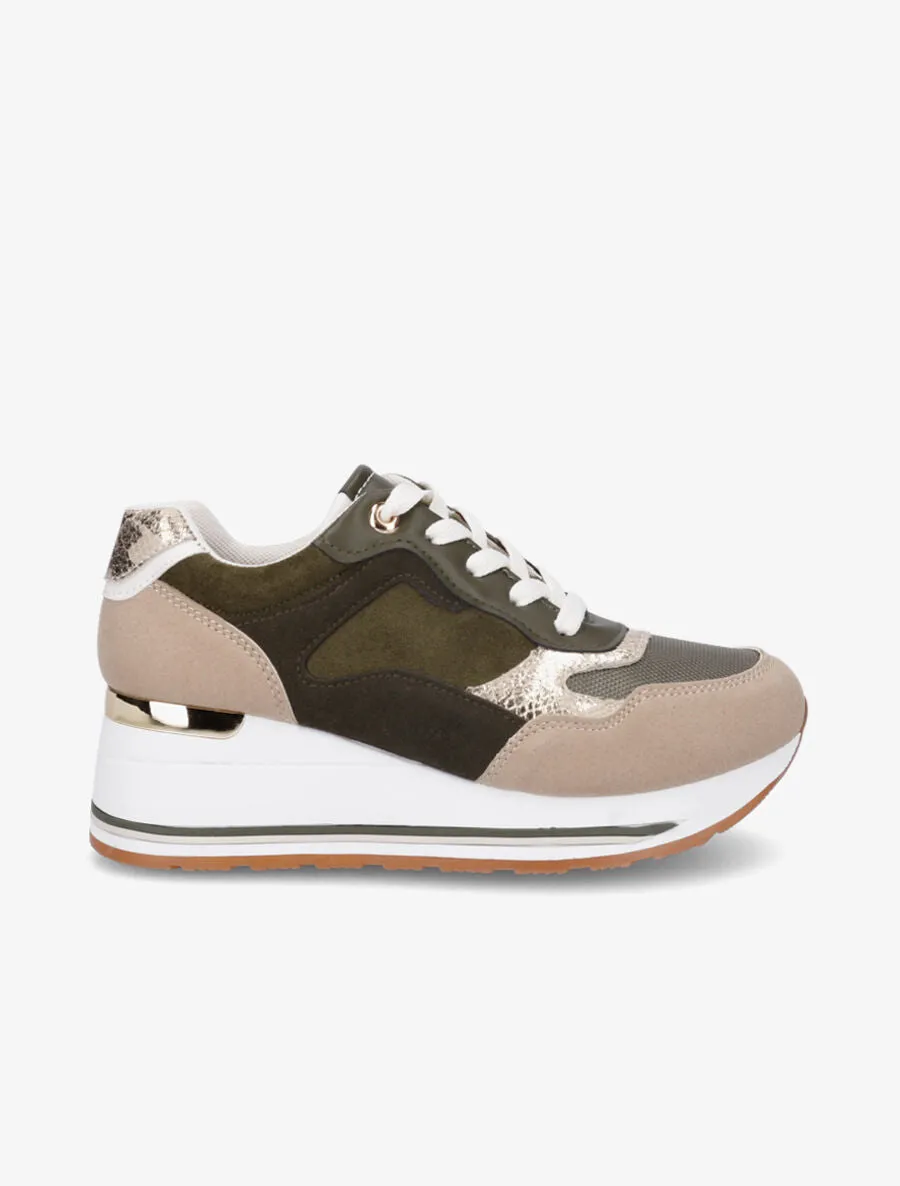 Baskets bi-matière à empiècements effet métallique - Kaki