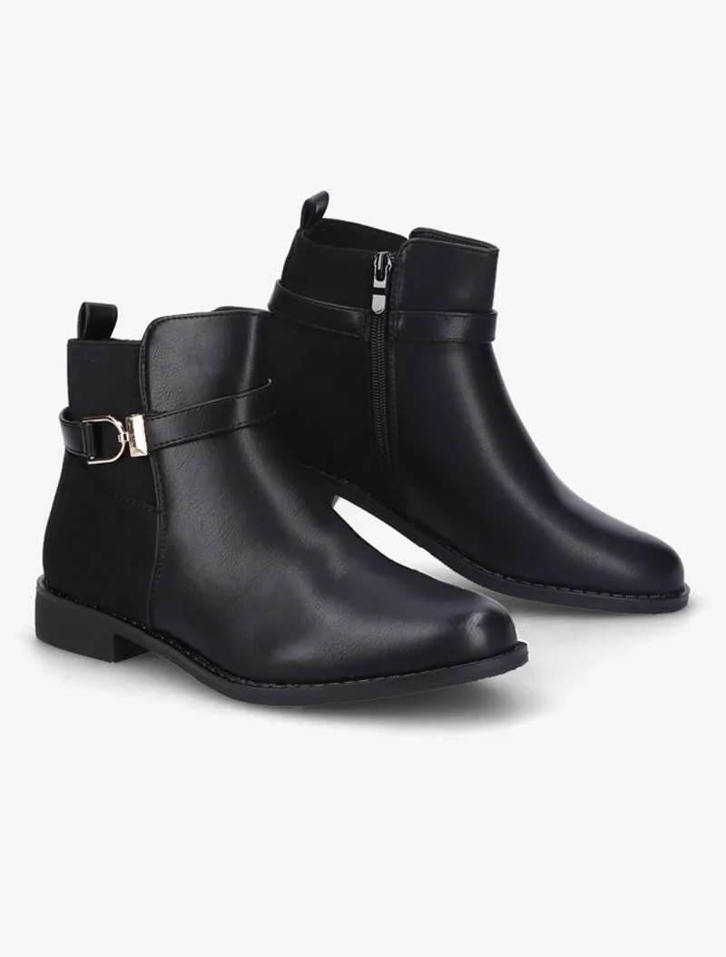 Bottines bi-matière à bride à boucle dorée - Noir