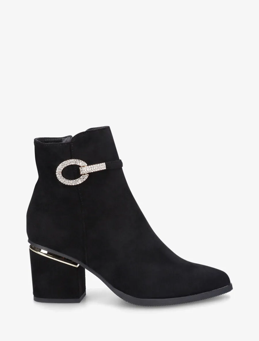 Bottines à talon stylisé et bijoux strassés - Noir