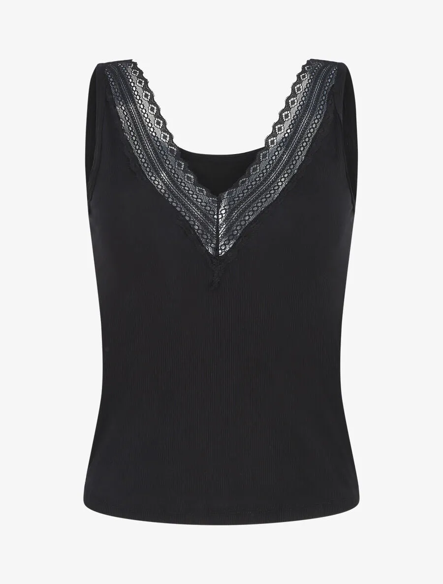 Ensemble pyjama en dentelle côtelé - Noir