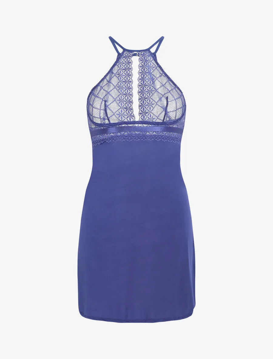 Robe nuisette à dos nu et haut en dentelle ajouré - Marine