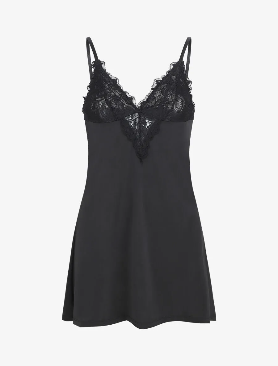 Robe nuisette unie et haut en dentelle - Noir