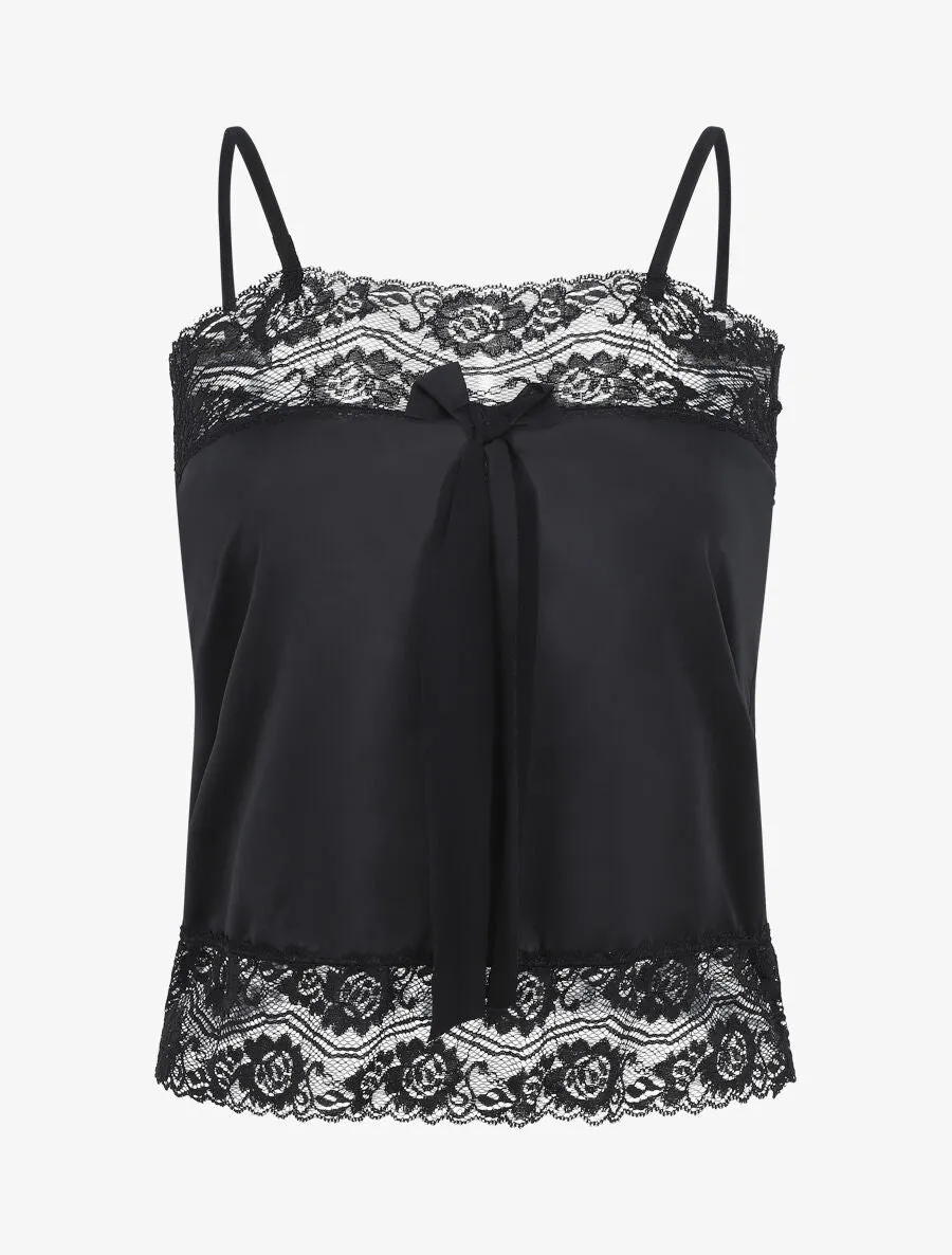 Ensemble pyjama à détail dentelle et noeud - Noir