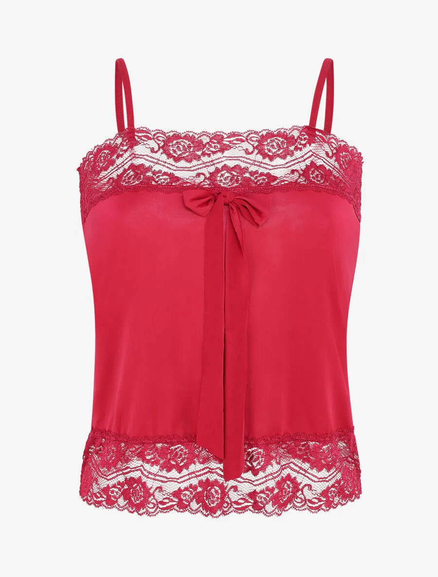 Ensemble pyjama à détail dentelle et noeud - Bordeaux