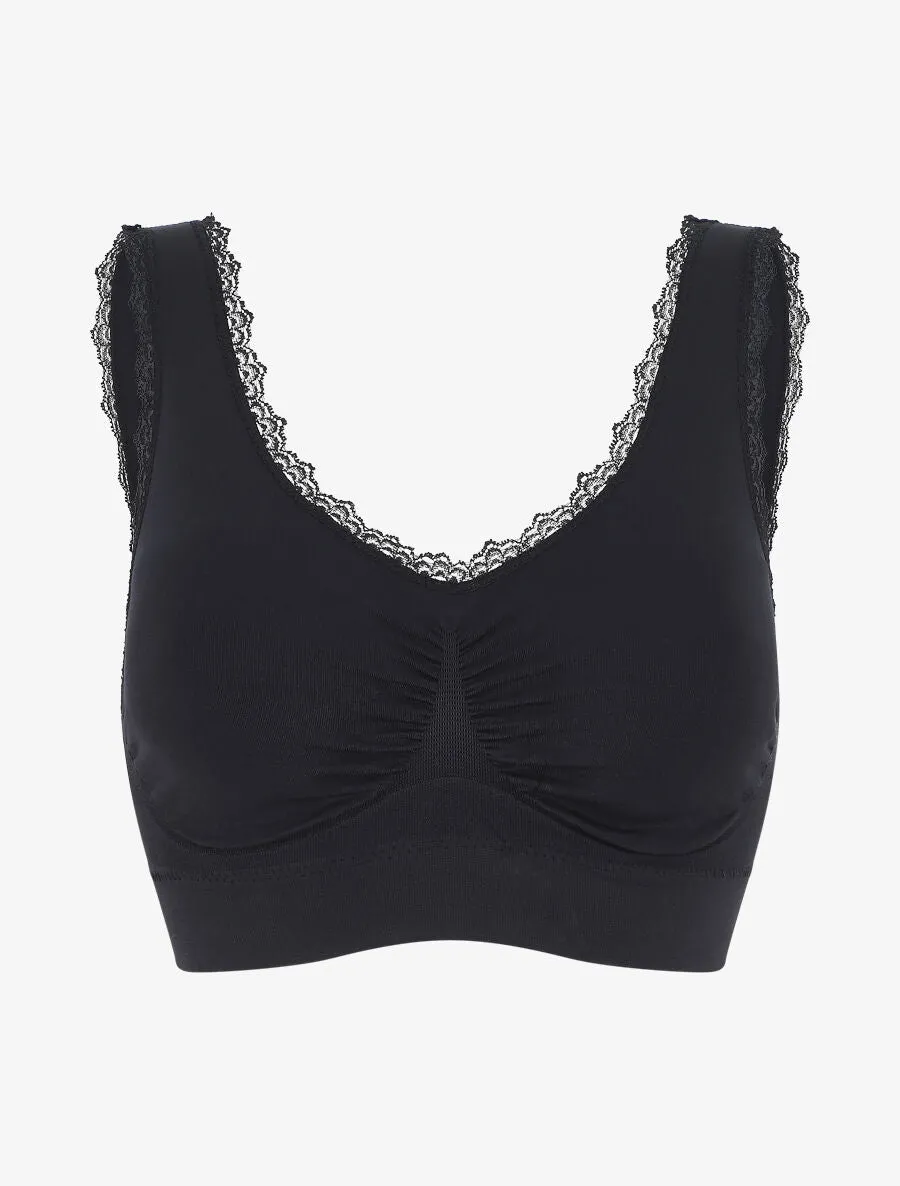 Brassière uni avec coussinets amovibles et broderies - Noir