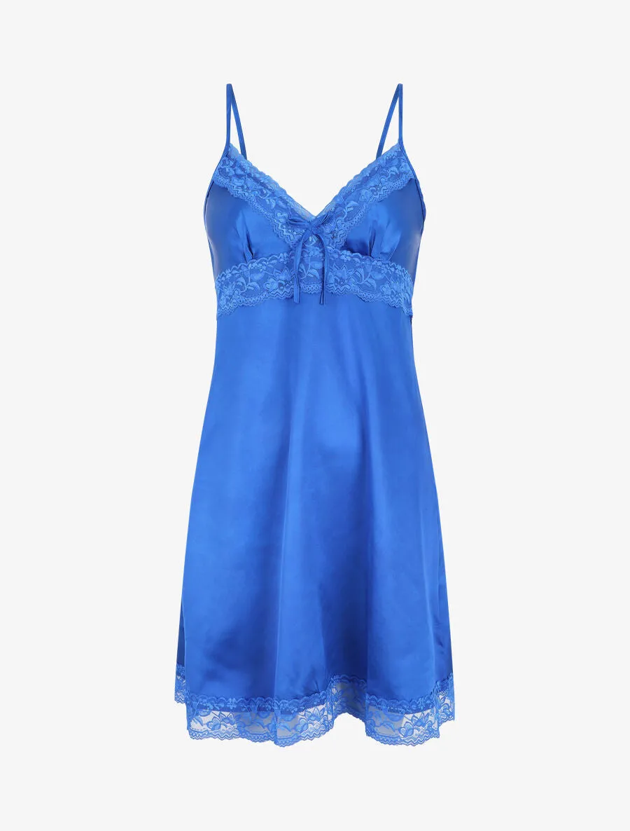 Nuisette unie à dentelle effet satiné - Bleu roi