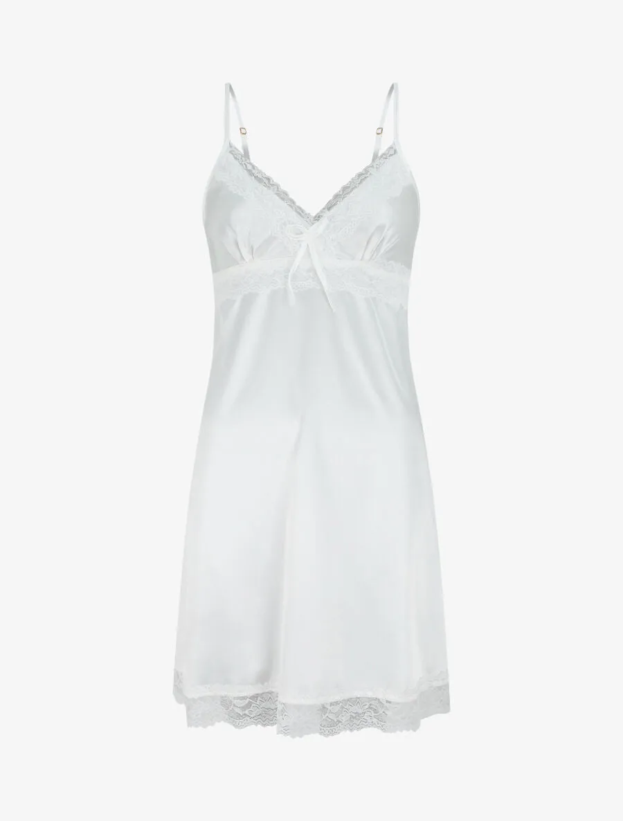 Nuisette unie à dentelle effet satiné - Blanc