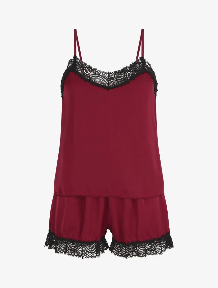 Ensemble caraco et short de pyjama satiné - Bordeaux