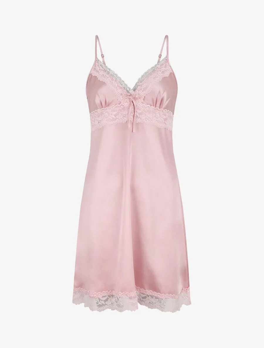 Nuisette unie à dentelle effet satiné - Rose