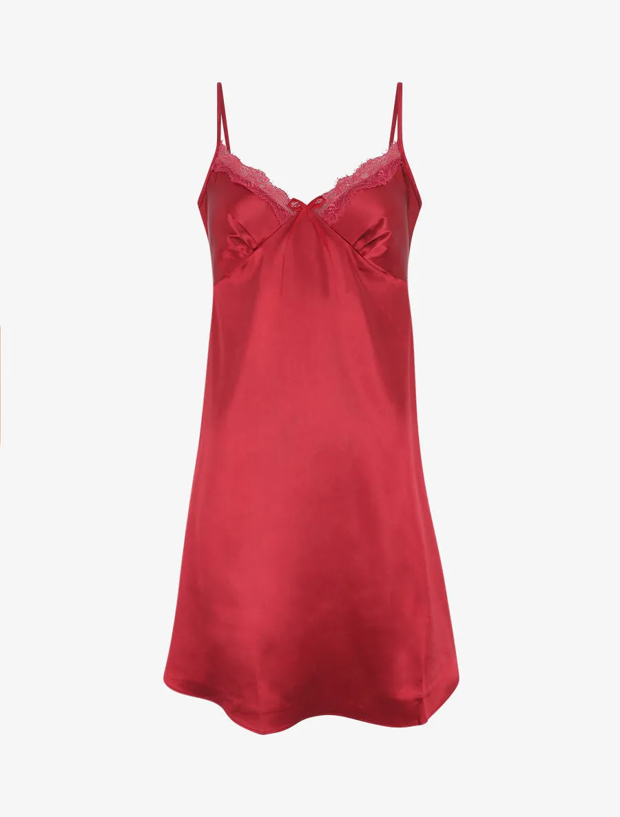 Nuisette unie à col V en dentelle effet satiné - Bordeaux