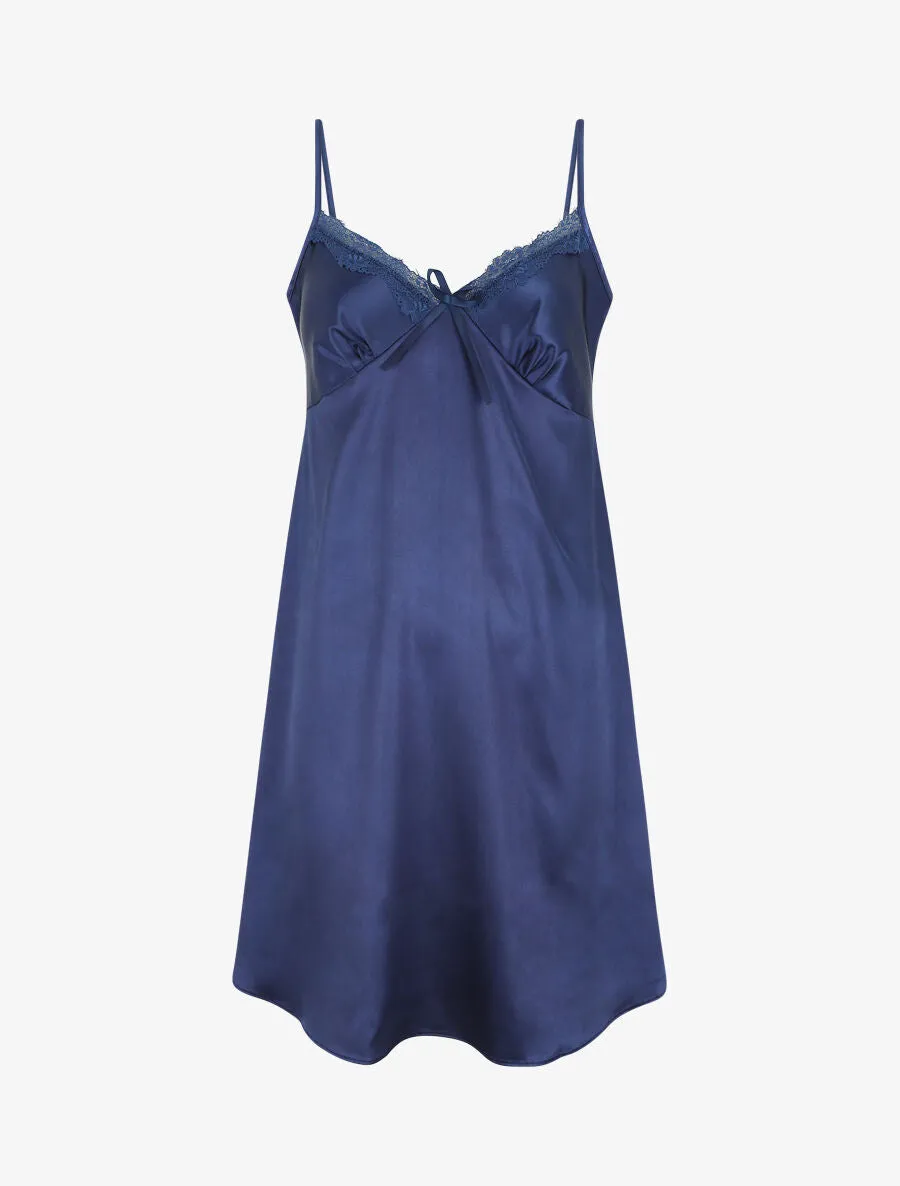 Nuisette unie à col V en dentelle effet satiné - Marine