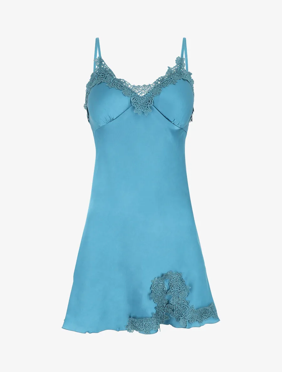 Nuisette satinée col en dentelle - Bleu canard