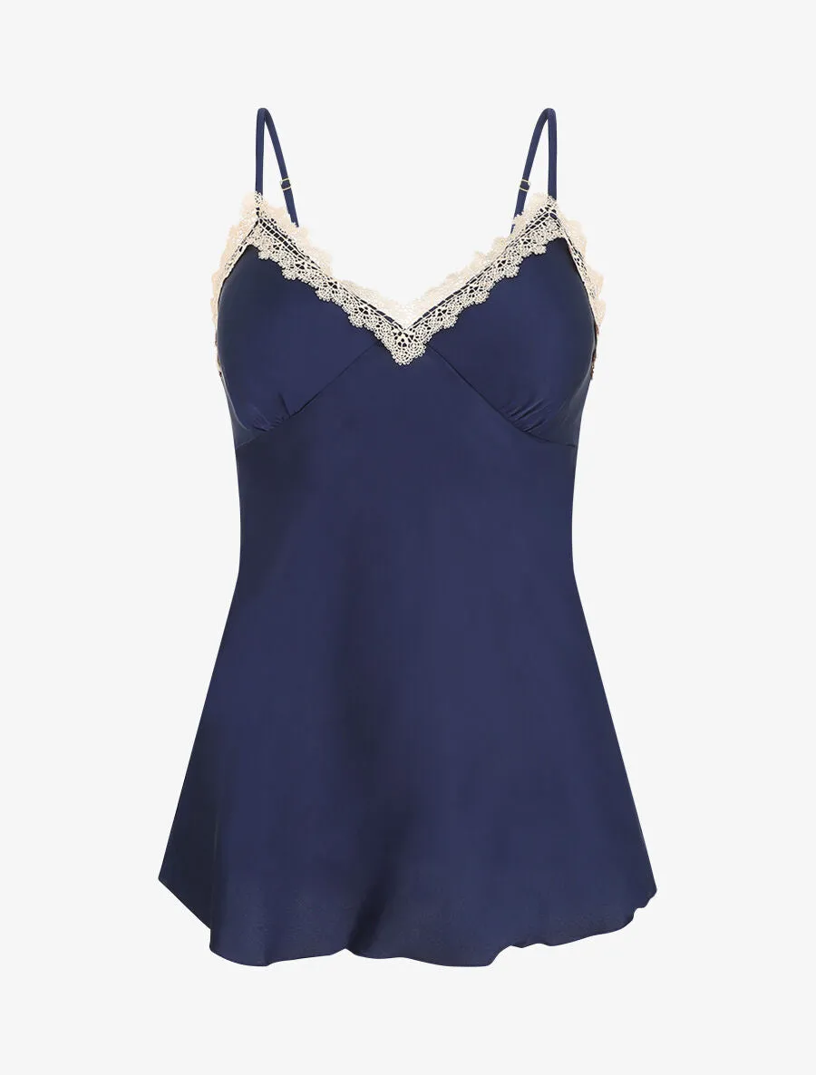 Ensemble caraco et short de pyjama satiné à dentelle - Marine